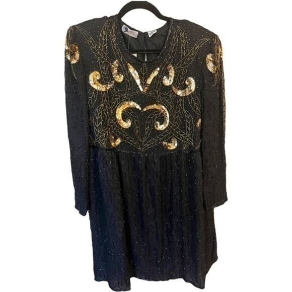 Vintage 1980s ART DECO Jewel Queen Textured Sequin Mini Dress Black and Gold 1 - Picture 1 of 9